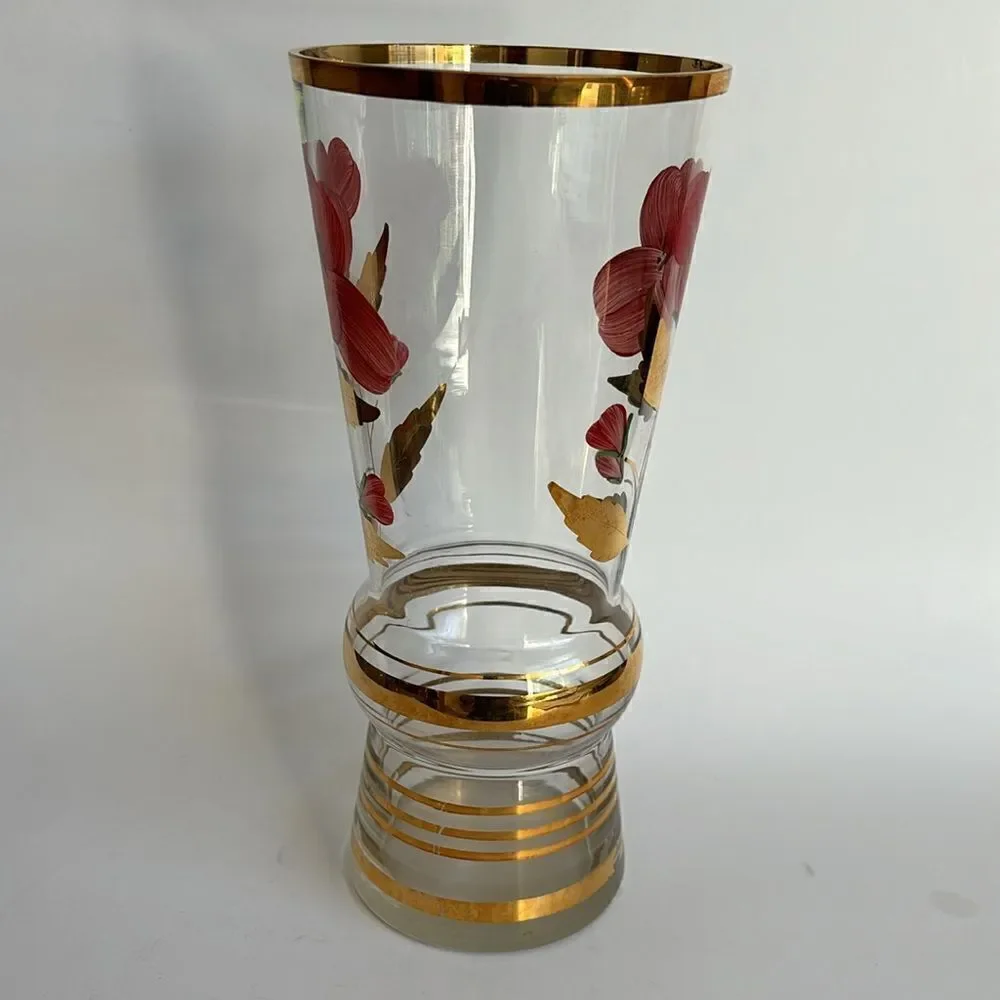 Large Vintage Clear Glass Vase Painted Flowers Gold Bands and Rim